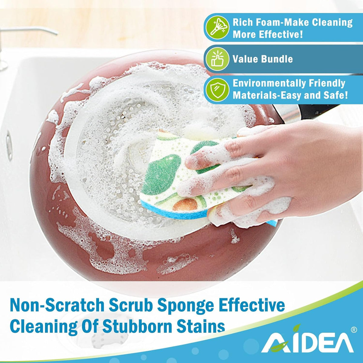 AIDEA Sponges Kitchen, Non-Scratch Scrub Sponge-24Count, Sponges for Non-Stick Cookware, Cellulose Sponge for Dishes, Cleans Fast Without Scratching, Cleaning Power for Kitchen, Bathroom, Household