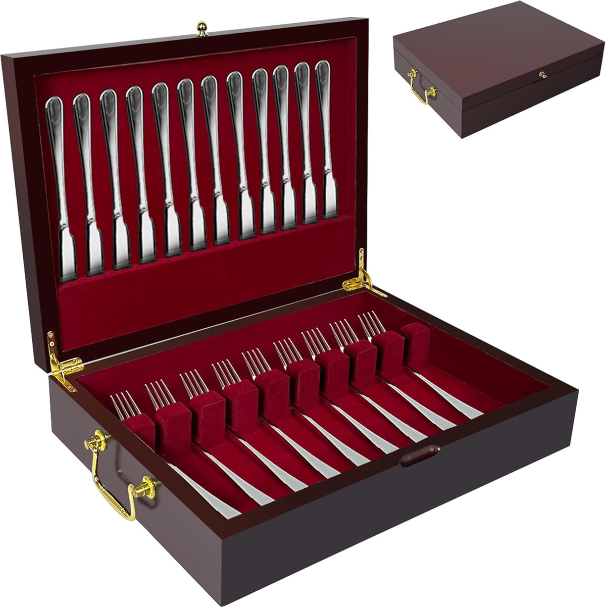 Silverware Storage Box Solid Wood with Lid, Silverware Organizer with Handle and Felt Lined, Silverware Storage Chest for Flatware and Utensils Home Decor Gift, Chest for Flatware Setting Up 15