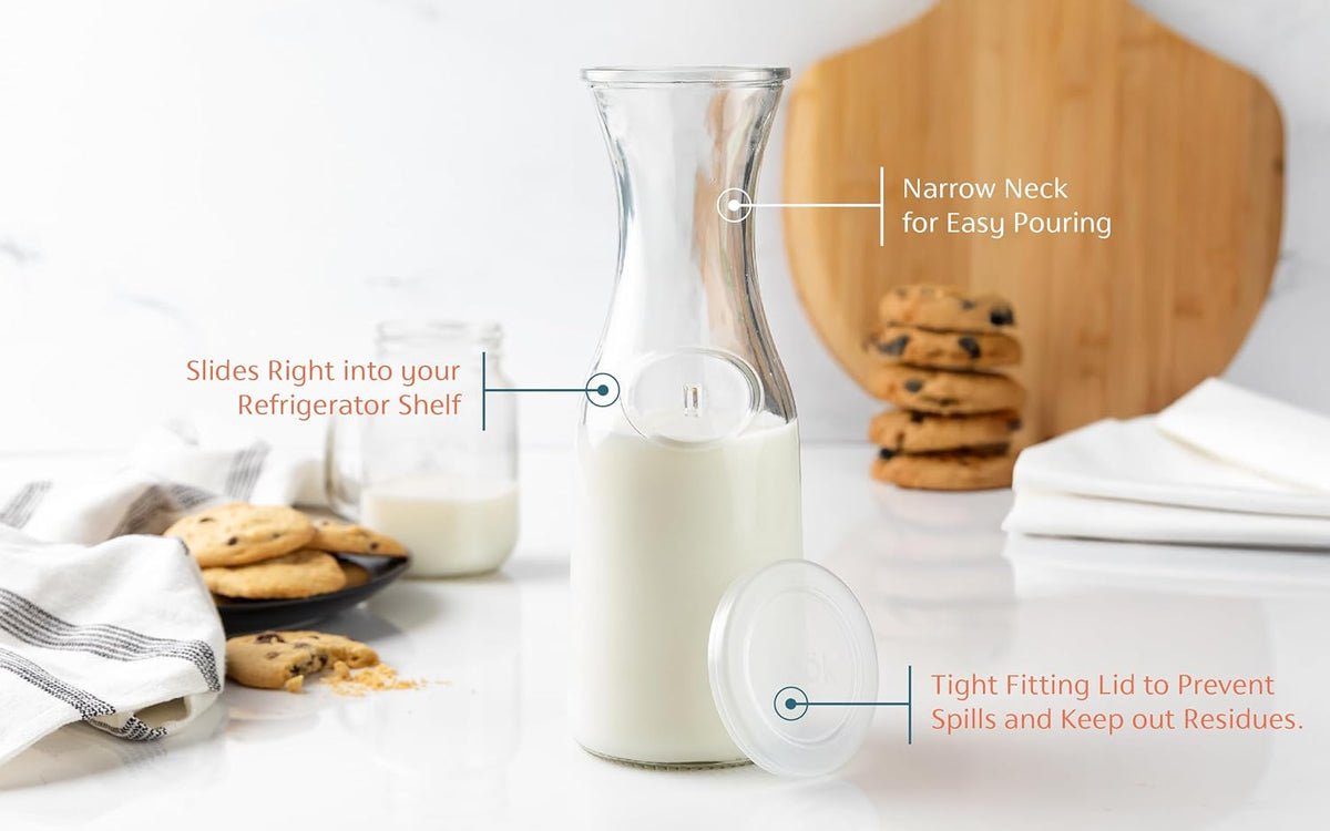 KooK Glass Carafe, Mimosa Bar Supplies, Carafe Pitchers with Lid, Set of 3, Glass Water Pitcher, Drink Dispensers for Parties, Tea, Wine, and Juice, Plastic Lids, Dishwasher Safe, 35 oz