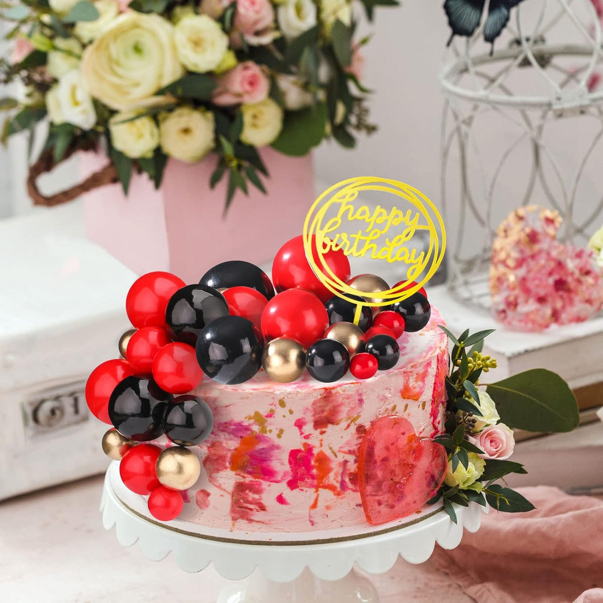 108 Pcs Balls Cake Topper DIY Cupcake Insert Foam Balloons for Cake Baking Wedding Anniversary Birthday Decoration(Red, Black, Gold,Multi Sizes)