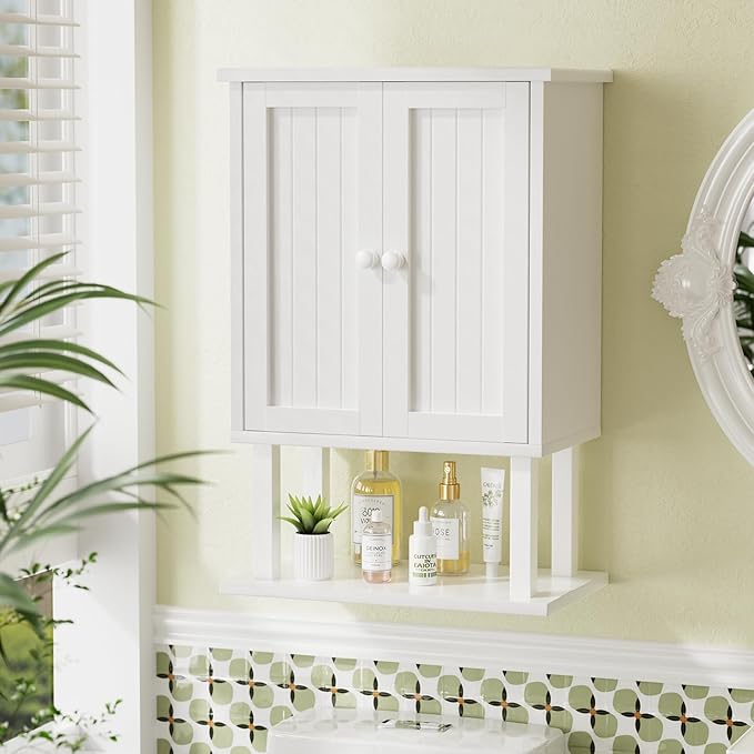 AmazerBath Bathroom Wall Cabinets, Bamboo Over The Toilet Storage Cabinet with Adjustable Shelves, Wall Mounted Medicine Cabinets with 2 Doors for Small Spaces, White, 9.0 x 15.7 x 23.8 Inches