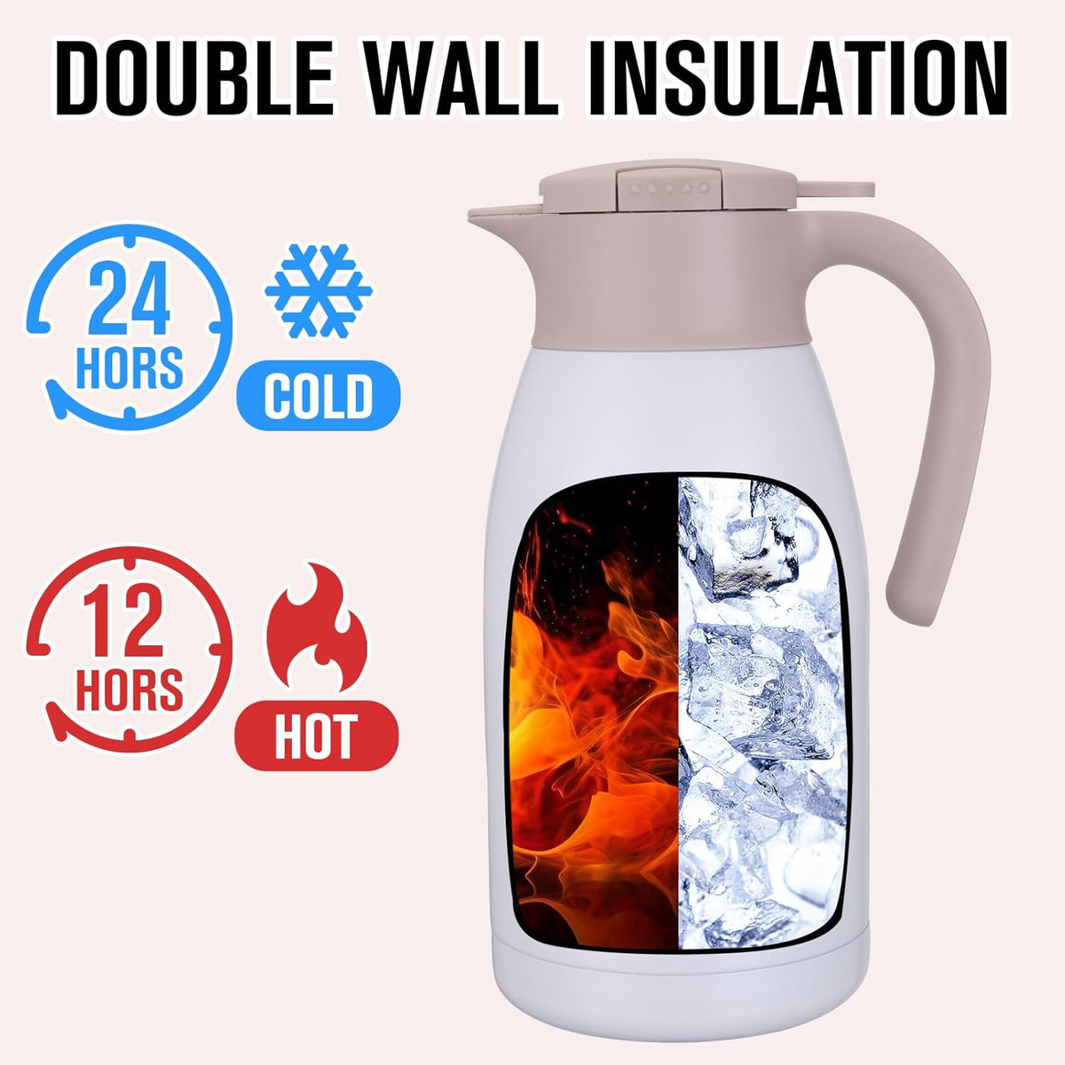 GiNT 1.9L / 64Oz Thermal Coffee Carafe, Insulated Stainless Steel Coffee Carafes for Keeping Hot/Double Walled Vacuum Thermal Carafe (White)