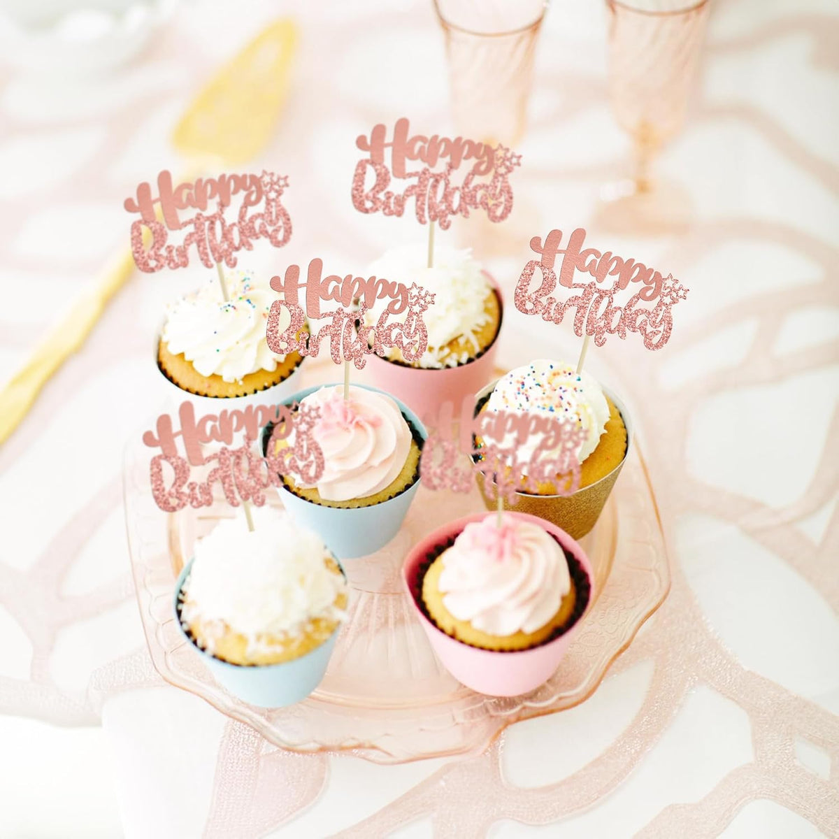 Ephlyn 24Pcs Rose Gold Happy Birthday Cupcake Toppers for Baby Shower, Kids, Boys, Girls Birthday & Anniversary Parties