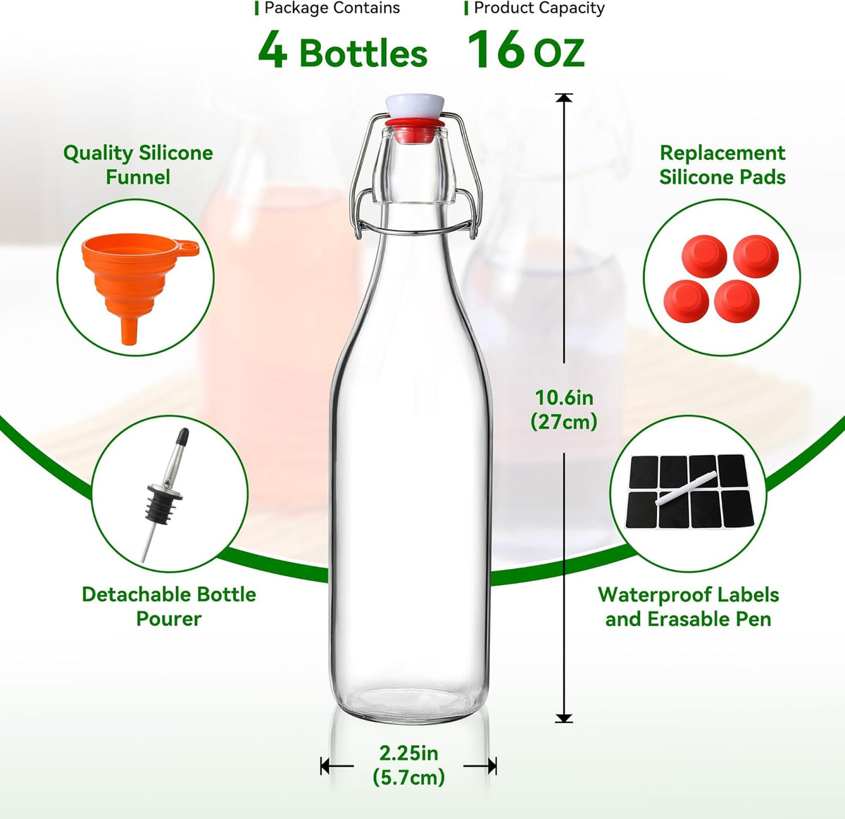 Leetaltree 4 Pack 16OZ Swing Top Glass Bottles Set, Brewing with Airtight Lid, Flip Top for Kombucha, Beverages, Beer, Oils-With Gaskets, Pourers, Etc
