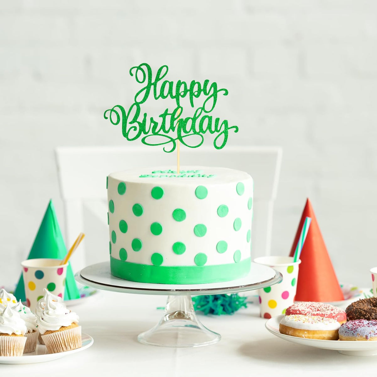 Happy Birthday Cake Toppers 9 Inch Glitter Happy Birthday Cake Pick for Birthday Anniversary Theme Party Cake Decorations Supplies - Hunter Green