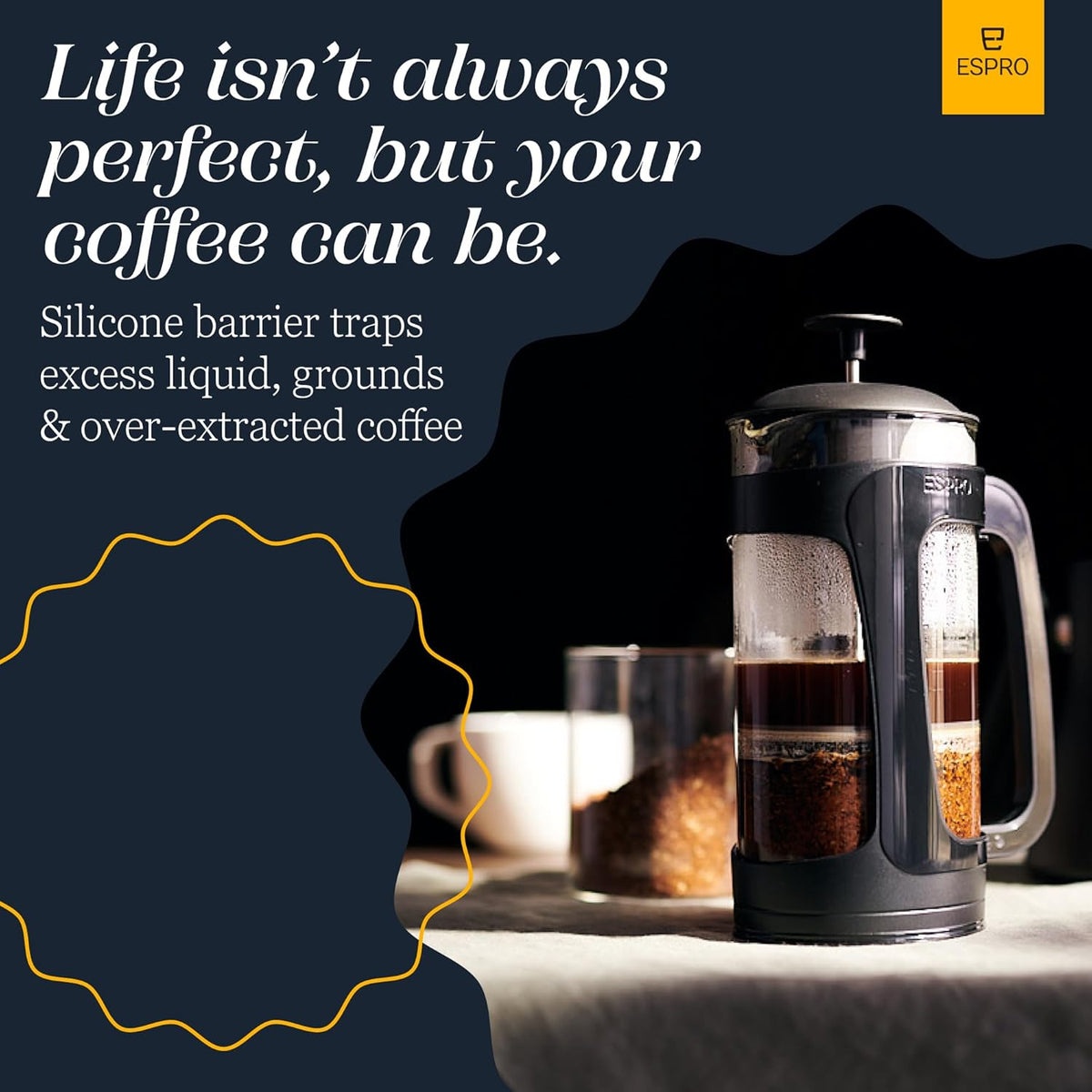 ESPRO - P3 French Press Coffee Maker – Patented Double Microfilter for Sludge and Grit Free Coffee, Black, 18 oz
