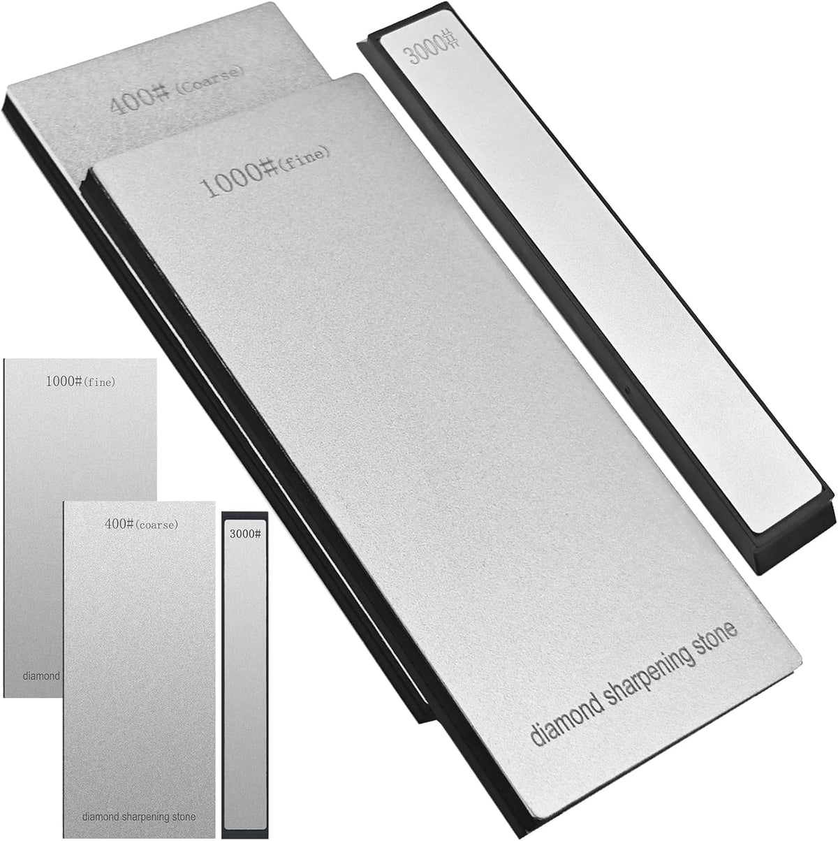 Diamond Sharpening Stone Set, Coarse 400 Grit/Fine 1000# / Extra Fine 3000 Grit, Knife Sharpener Stone, 2 Sizes Whetstone Tool with Non-Slip Base, Diamond Plate Honing Stone, Hone Sharpener