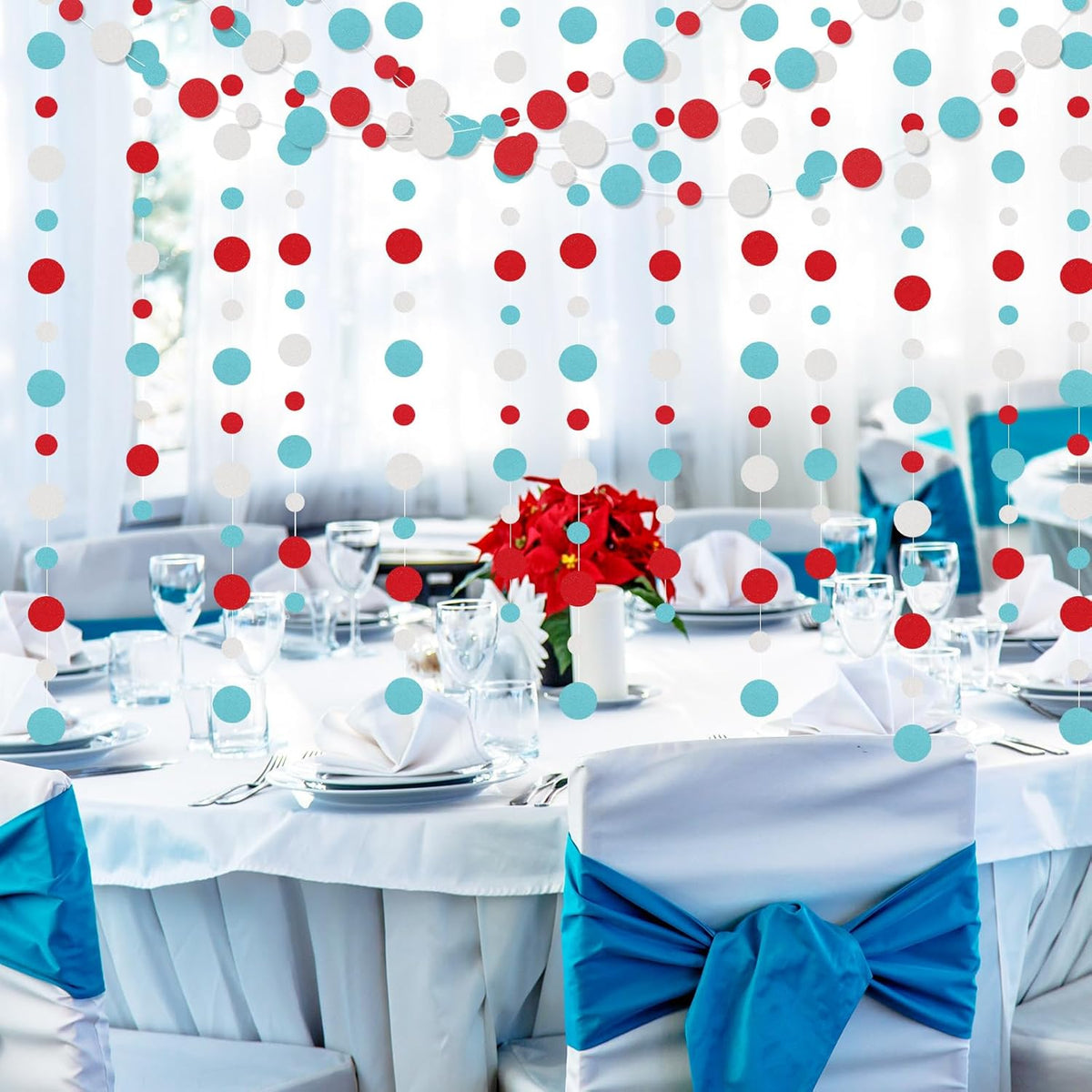 Outus 5 Pieces Colorful Dots Paper Garland Round Glitter Garland Hanging Confetti Streamers Backdrop Decoration for Birthday Classroom Candy Sprinkles Trunk or Treat Party (Light Blue,White,Red)
