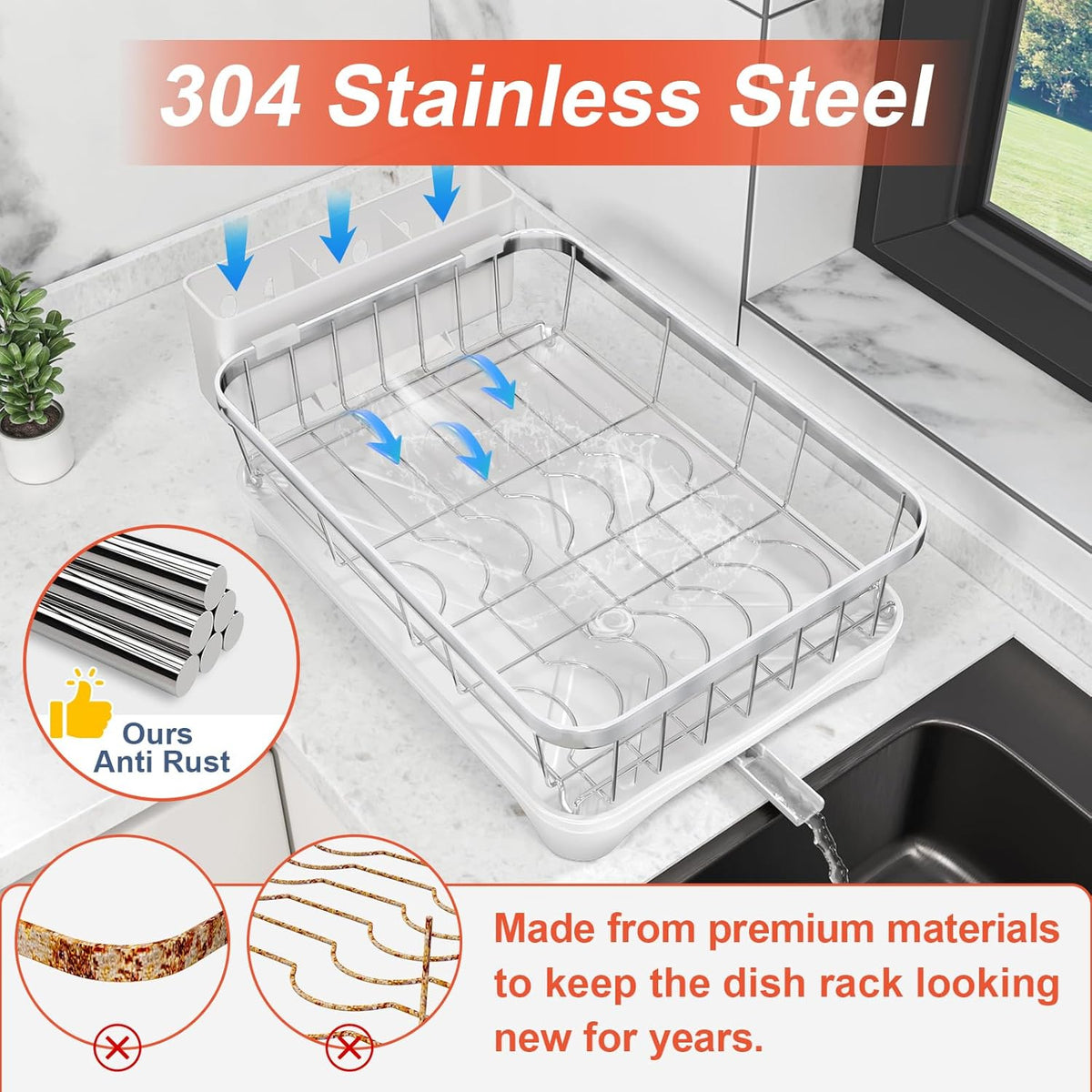 Dish Drying Rack - 304 Stainless Steel Dish Rack with Utensil Holder & Adjustable Spout, Space-Saving Organizer, Large Capacity for Bowls, Dish Drainer with Drainboard, White