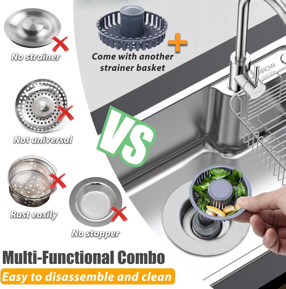 Kitchen Sink Drain Strainer, 3 in 1 Pop Up Kitchen Sink Stopper, with An Extra Basket Strainer, Universal for US Standard 3-1/2 Inch, Chrome Silver