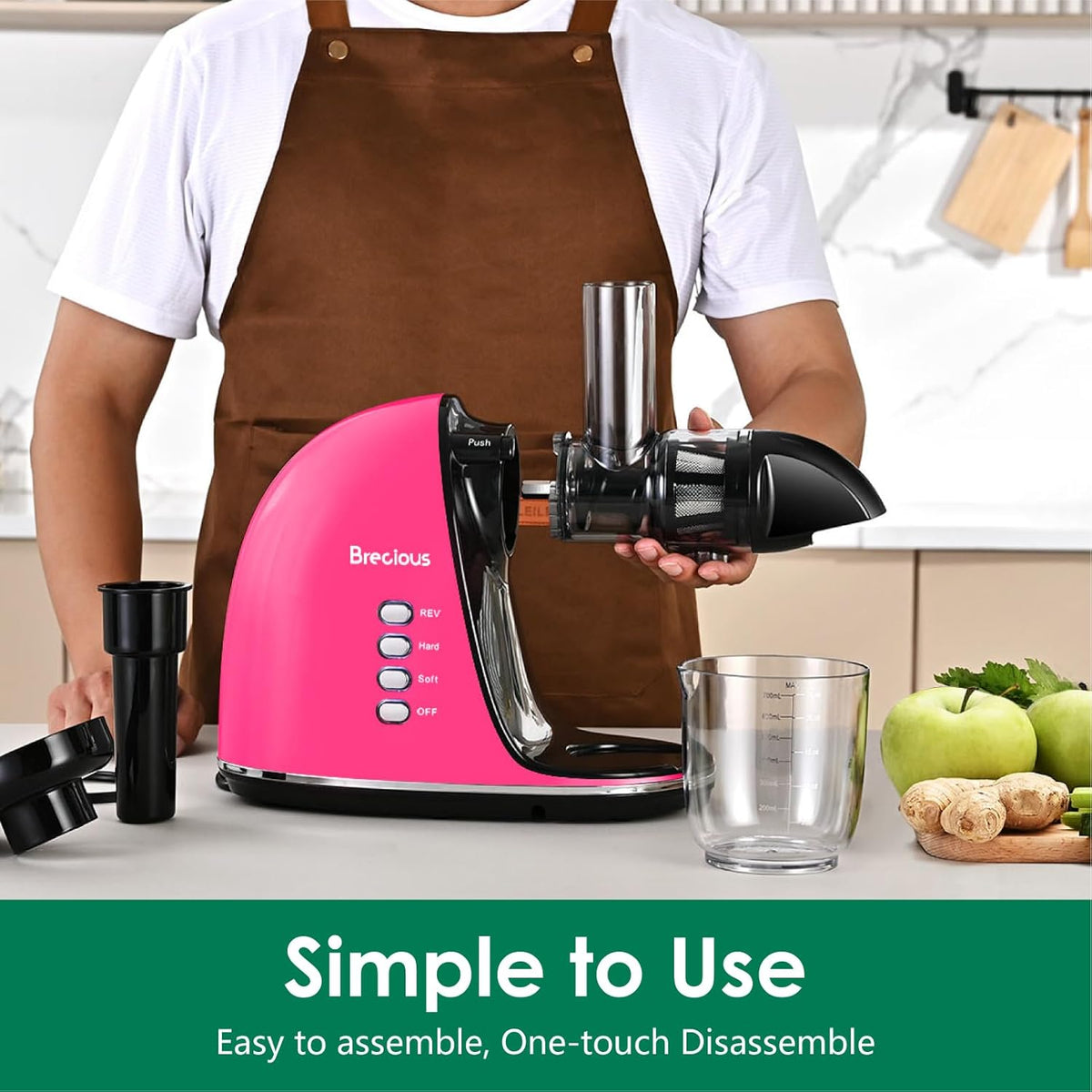 Slow Masticating Juicer,Brecious Cold Press Juicers with 2 Speed Modes & Quiet Motor,Juicers Machines Vegetable and Fruit with Reverse Function,Celery Juicer,BPA-Free,Easy to Clean (Pink)