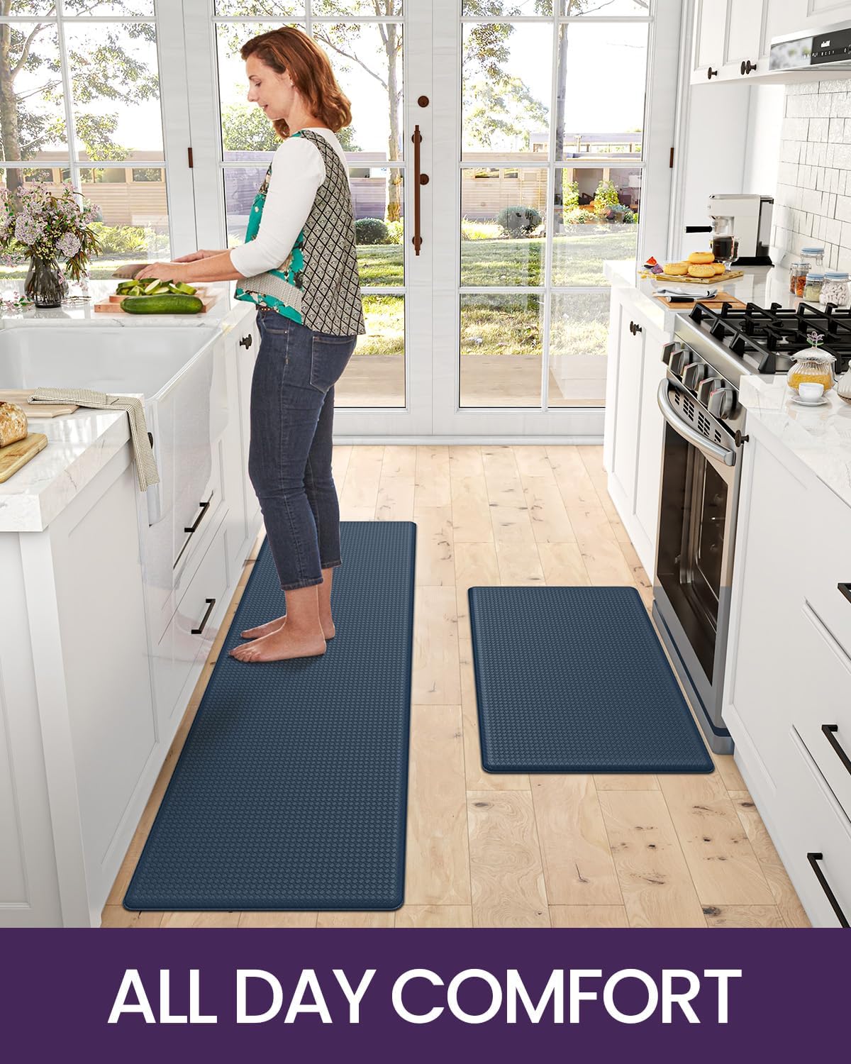 DEXI Kitchen Floor Mats Cushioned Anti Fatigue,17x29+17x59, Standing Runner Rug Waterproof, Comfort Memory Foam Padded for Front Sink Laundry Set of 2, Navy