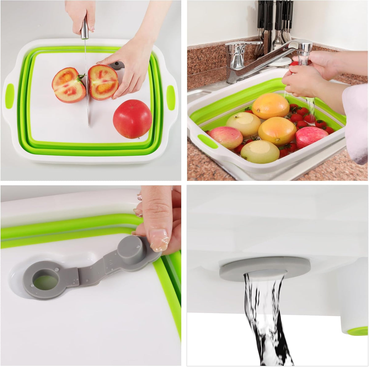 2 Pack Collapsible Cutting Board, Foldable Dish Tub with Draining Hole, Portable Chopping Board with Colander, 3 in 1 Multifunction Camping Sink for Washing Dish, Bowl, Vegetables and Fruit
