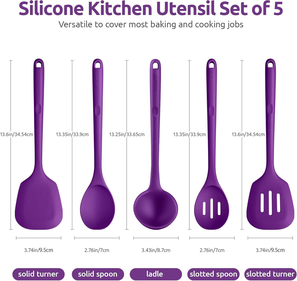 Silicone Kitchen Cooking Utensil Set: U-Taste 600ºF Heat Resistant 13.6in Extra Long Kitchen Tools, Food-Grade Non-Stick Spatula Turner Spoon Ladle for Stir Frying, Serving, Mixing (5 Pieces, Purple)