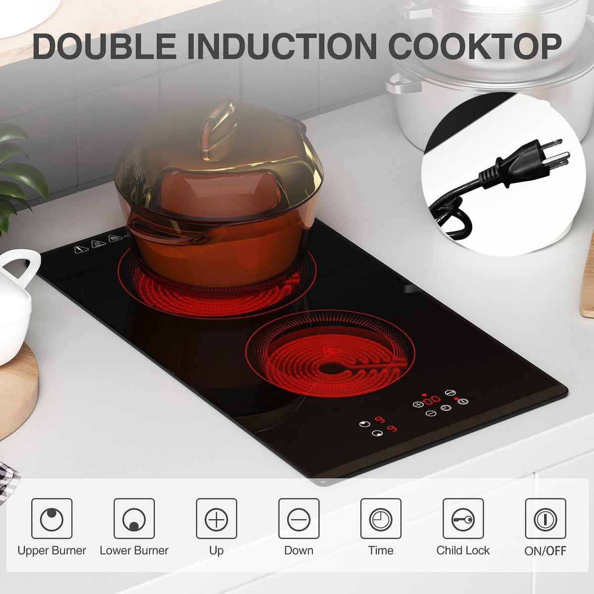 Portable Electric Hot Plate, 2 Burner Cooktop 110V/120V Plug-in, Infrared Stove Top for Cooking, LED Touch Control, Timer & Safety Lock for RV, Dorm, Apartment (Electric Cooktop 2 Burners)