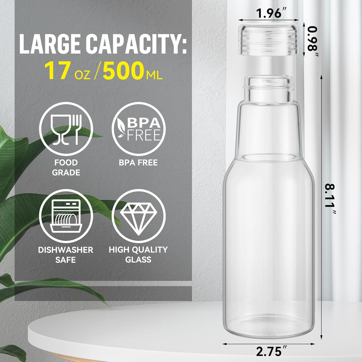 17 Oz Glass Juice Bottles with Lids, Glass Bottles, BPA Free, Borosilicate Glass for Juicing, Smoothies, Infused Water, Beverage Storage, Shaker Bottles (2 Pack)