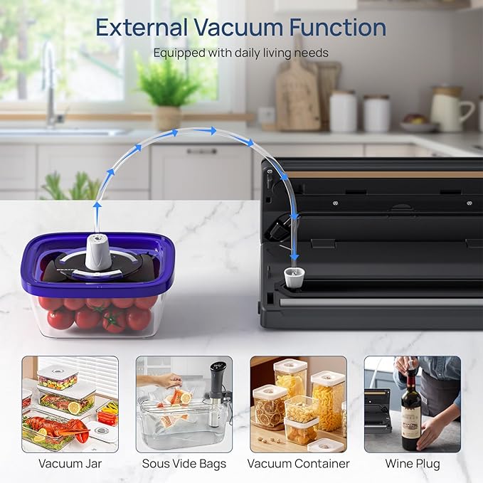 Vacuum Sealer Machine for Food Saver, 70kpa Powerful Suction Compact 7-in-1 Automatic Food Sealer for Sous Vide & Food Storage, Dry/Moist/Strong/Gentle Mode, Removable Drip Tray | 2 Bag Rolls, Black