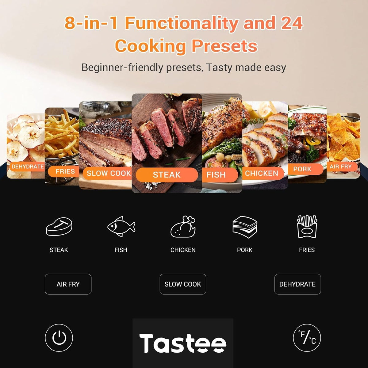 Tastee Ceramic Air Fryer, 8-in-1 Compact 5.5QT AirFryers, 450°F Digital Airfryer Dehydrator with Smart Probe, 24 Presets One-touch Cooking, In-app Recipes with Window, Dishwasher-safe & Non-stick