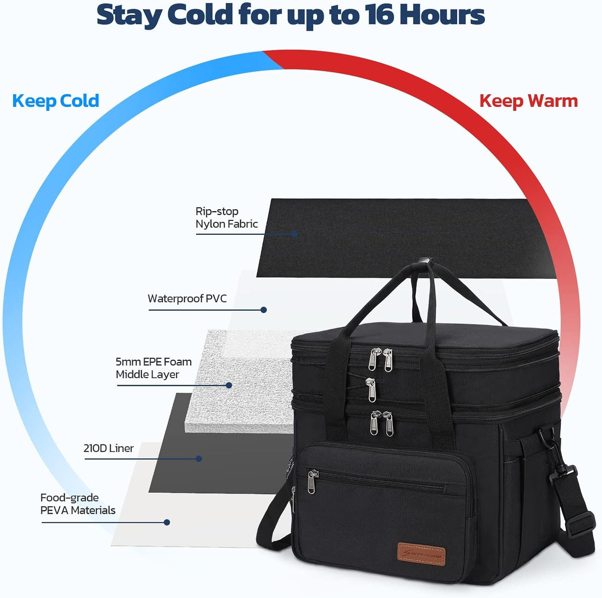 Maelstrom Lunch Box, 23L Insulated Lunch Bag, Expandable Double Deck Cooler Bag, Lightweight Leakproof Tote Bag With Side Tissue Pocket, Suit For Men and Women, Black