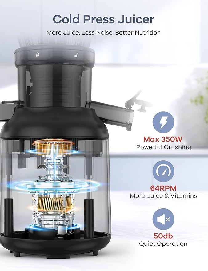 Ganiza Cold Press Juicer, 4.3" Compact Space-Saving Design Juicer Machine with 3 Replaceable Filters, One-Touch & Ultra-Quiet Operation, BPA-Free Easy to Clean, Silver