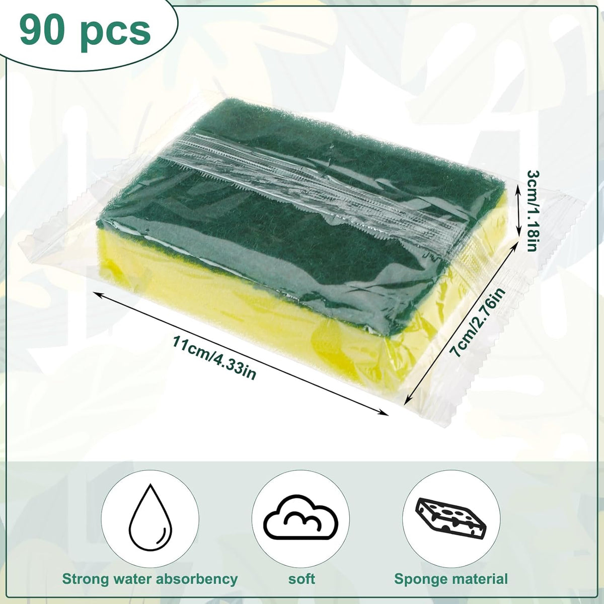 90 Pack Individually Wrapped Sponges Uncompressed Kitchen Dishwashing Non Scratch Scrouing Sponge Bulk for Hotel Car Airbnb Apartments,Green