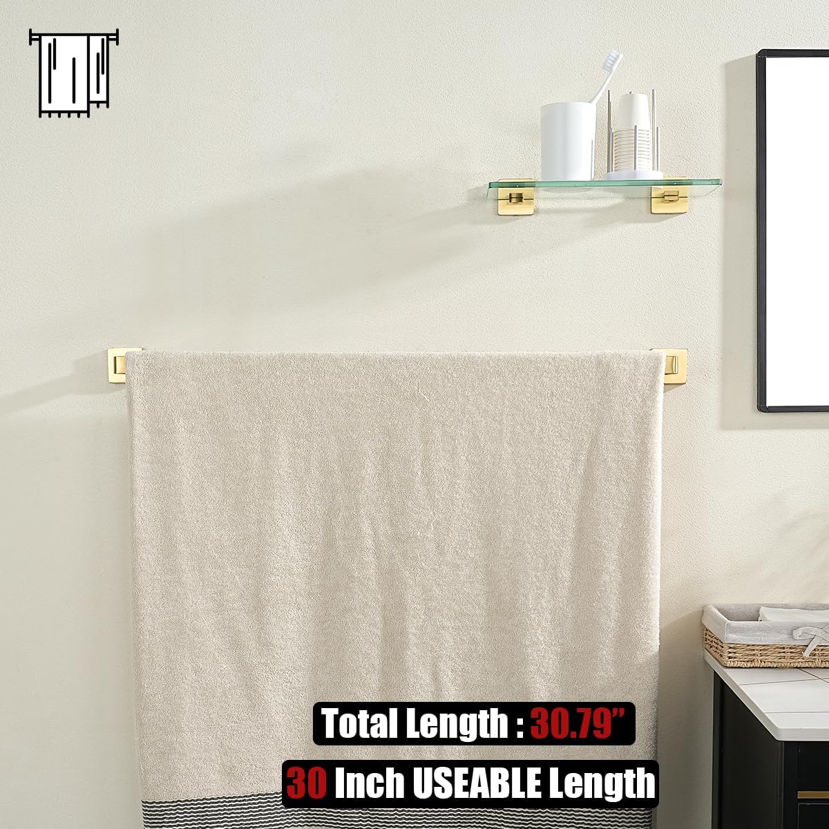 JQK Gold Towel Bar, Rounded Edges 32.41 Inch Towel Rack, 304 Stainless Steel Bathroom Wall Mount, Useable Length 30 Inch, TB250L30-BG
