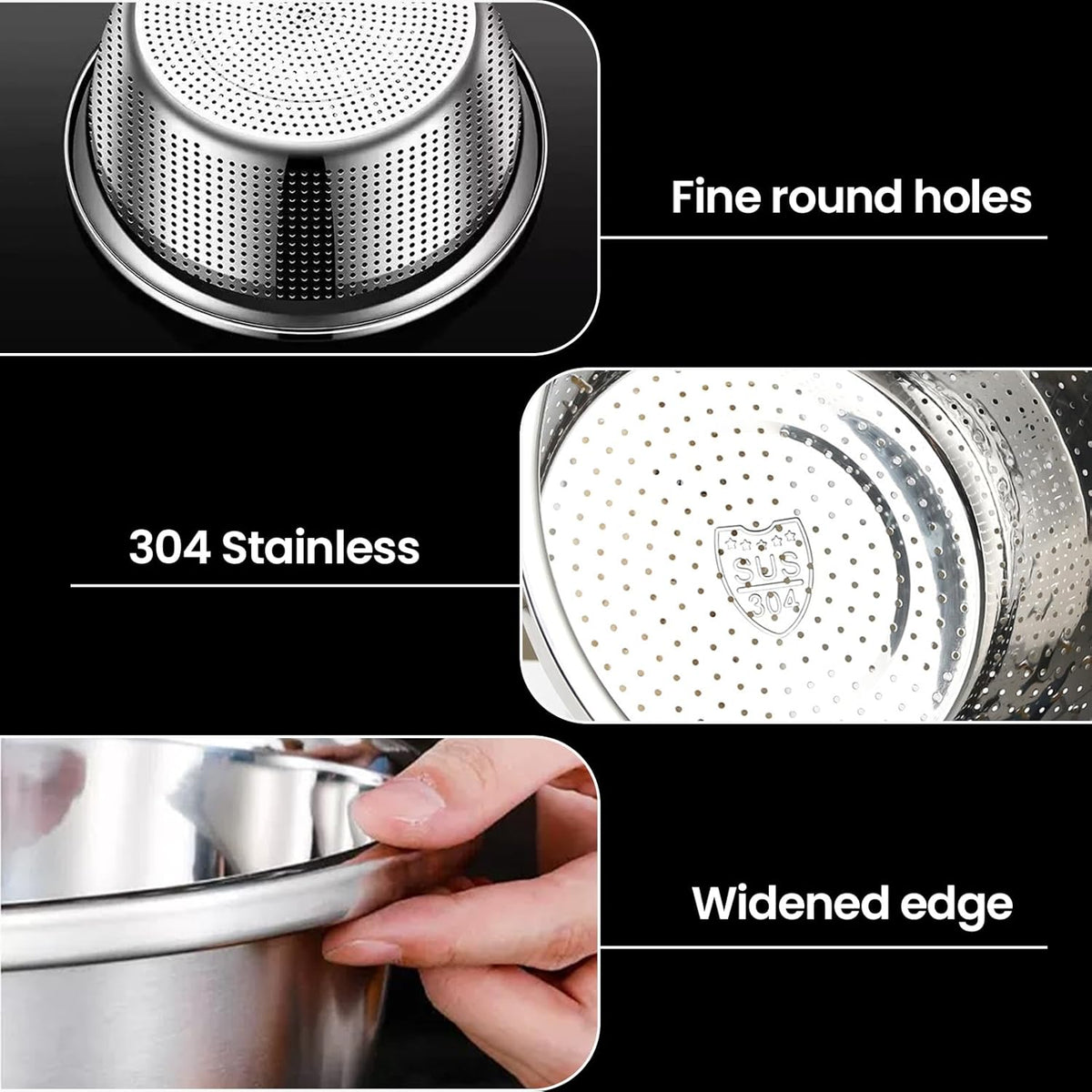 304 Stainless Steel Rice Strainer - Microporous ColanderBeans Washer Strainers And Colanders - Washing Bowl for Fruit Washing Bowl With Strainer (3.5QT)