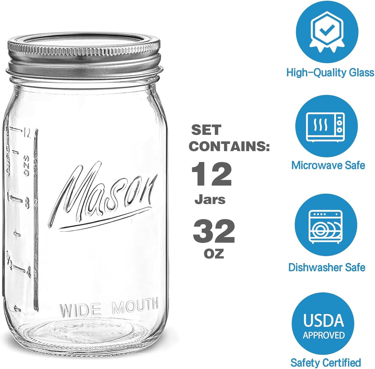 Wide Mouth Mason Jars 32 oz - 12 Pack Large Glass Mason Jars with Airtight Lids and Bands, 1 Quart Glass Jars for Pickling, Canning, Fermenting and Food Storage, Microwave & Dishwasher Safe