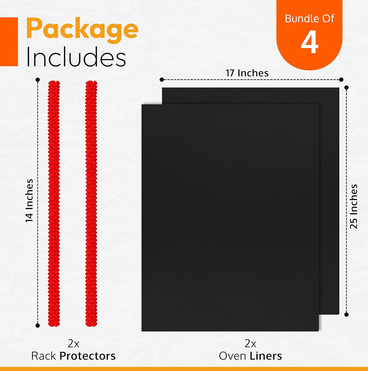 Oven Liners for Bottom of Oven (2-pack) Bundled with Rack Shield Guard (2-pack) - Large Mats for the Bottom (17"x 25") and 14" Silicone Rack Protector - Reusable & Heat Resistant Kitchen Accessories