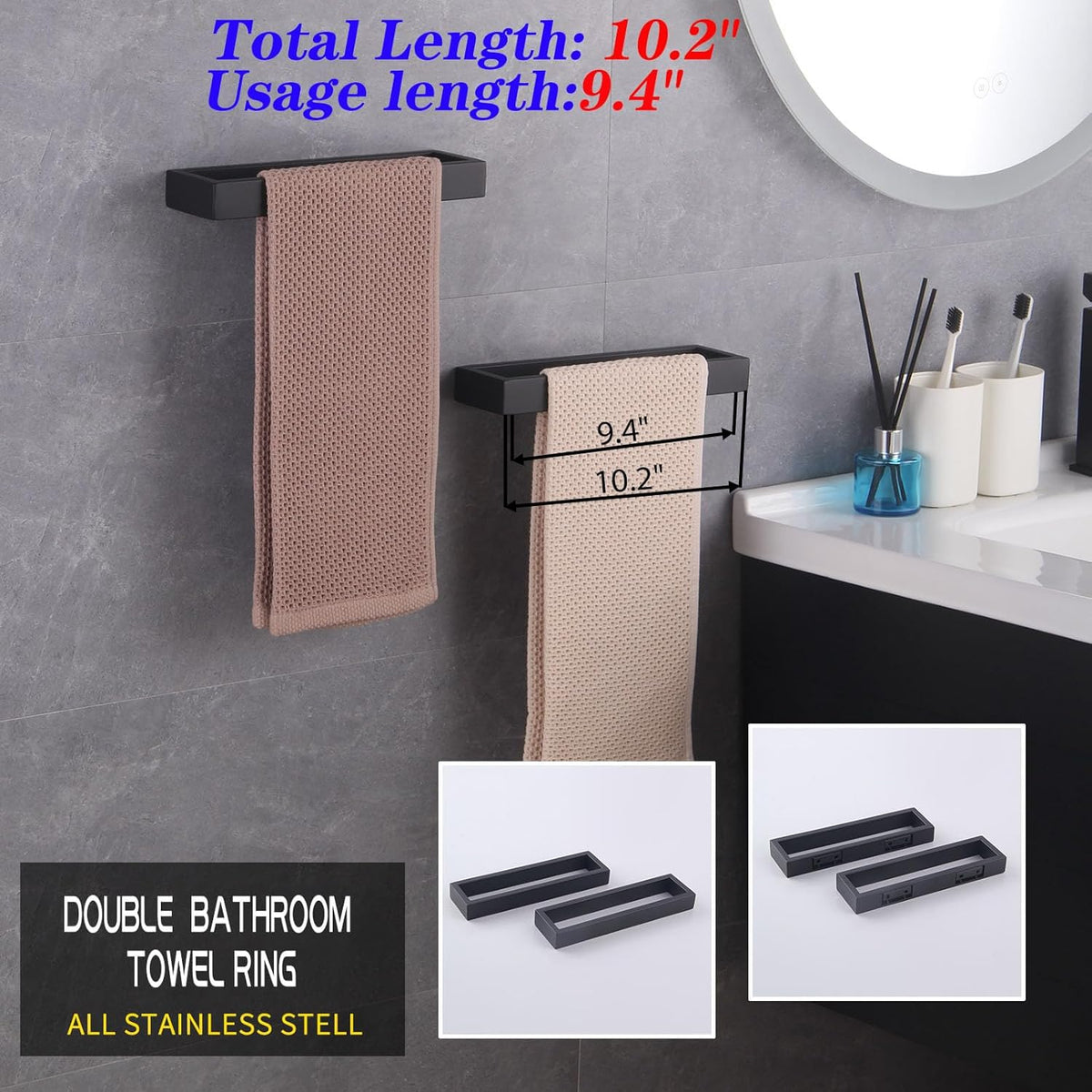 GERZWY Modern Black Towel Holder Stainless Steel Towel Ring for Bathroom Lavatory Wall Mount Contemporary Style 2 Pack HG1716-2BK