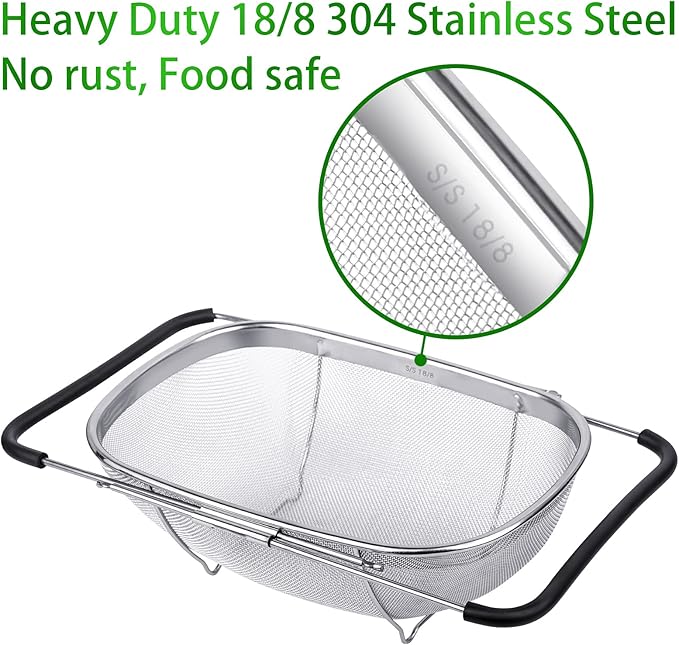 Tiawudi 6-Quart Large Over The Sink Colander, Heavy Duty 40% Thicker 18/8 Stainless Steel Fine Mesh Strainer Basket with Expandable Rubber Grip Handles - Strain, Drain, Rinse Fruits, Vegetables