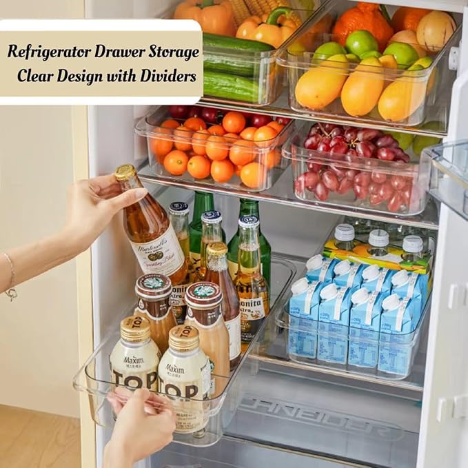 Attelite RollOut Refrigerator Drawer Organizer and Storage Clear Design with Dividers, Fridge Organizer on Wheels, Upgrade Thick Plastic Pantry Storage Bins, Kitchen Organization 2 Set