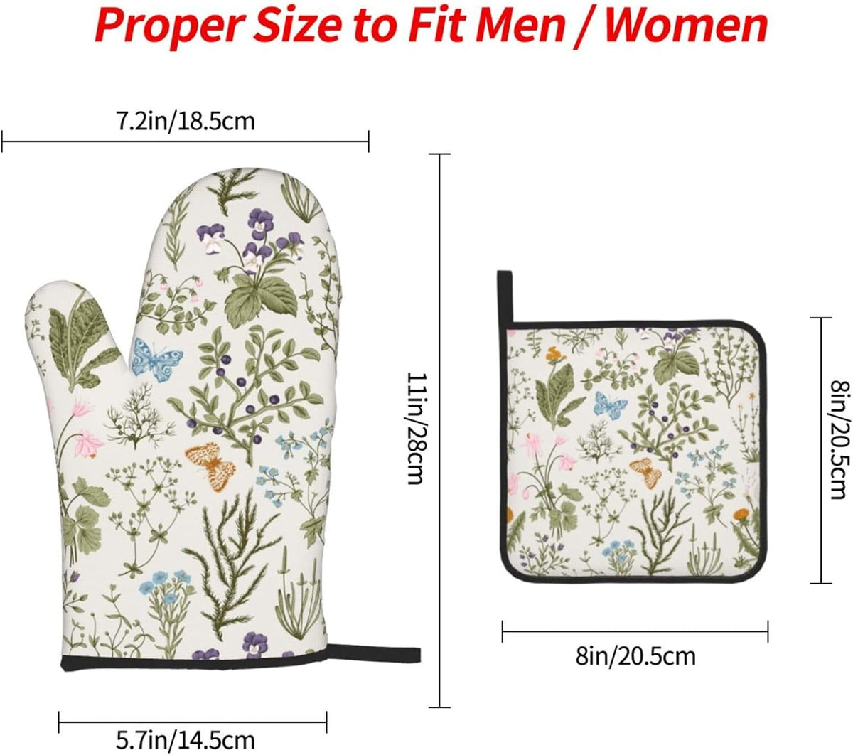 Vintage Floral Oven Mitts and Pot Holders Sets of 3 Cute Botanic Hot Pads Herbs and Wild Flowers Oven Gloves Heat Resistant Washable for Kitchen Cooking Grilling Baking