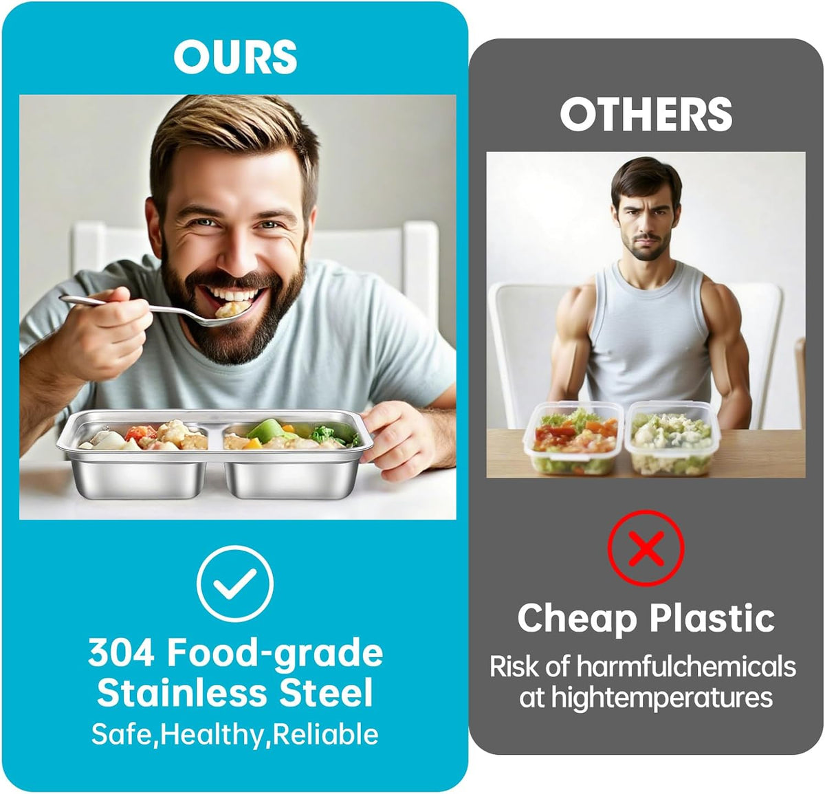 4 Pack Stainless Steel Snack Containers Reusable, Grab and Go 2 Compartment Food Storage Containers with Leakproof Lids for Travel and Outdoor Camping School Lunch Prep Dishwasher Safe 7.9" Size
