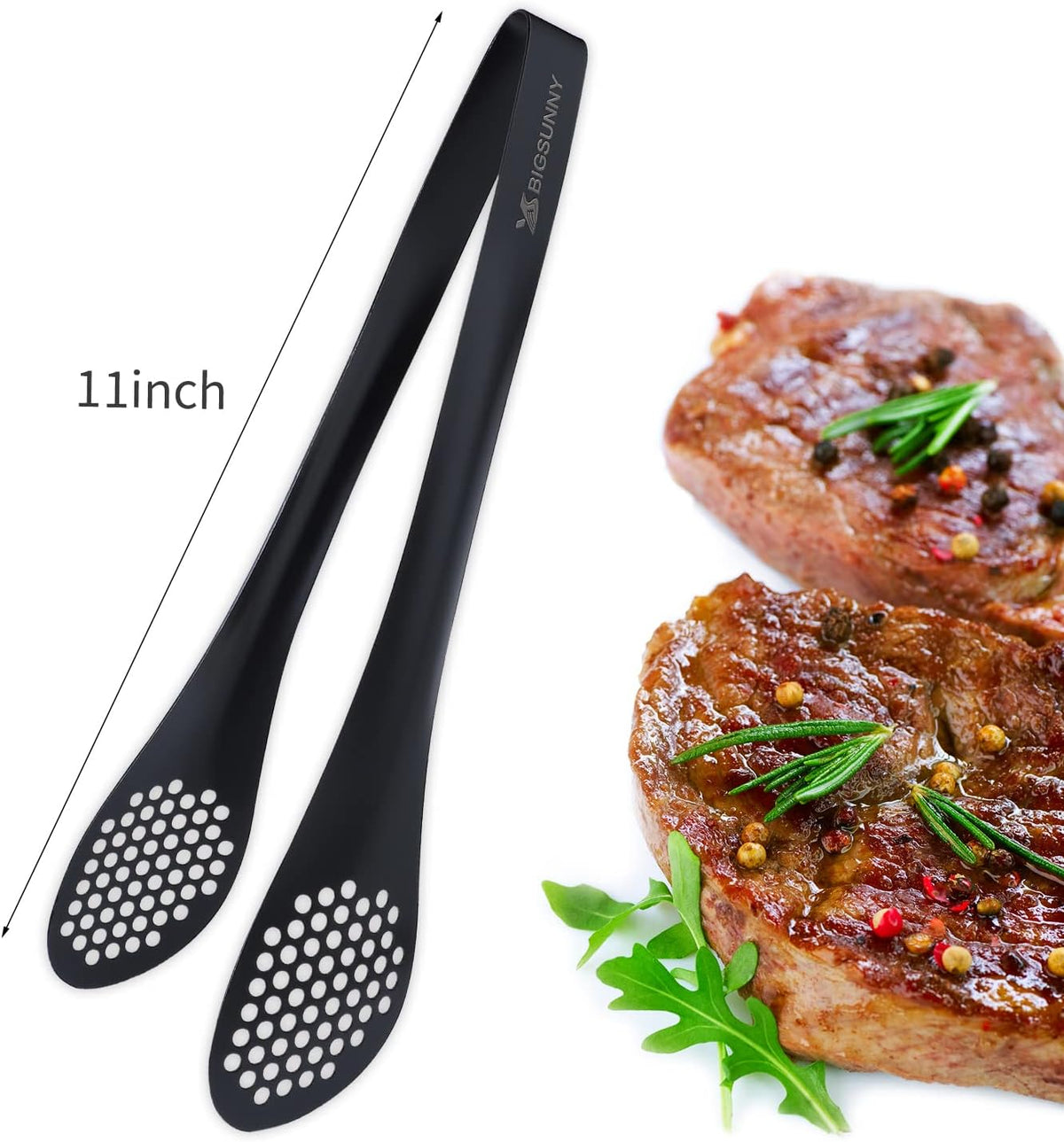 MSY BIGSUNNY Stainless Steel Buffet Tongs - Heavy Duty Kitchen Food Tong for Cooking and Serving (Black - 11" Serving Tongs)