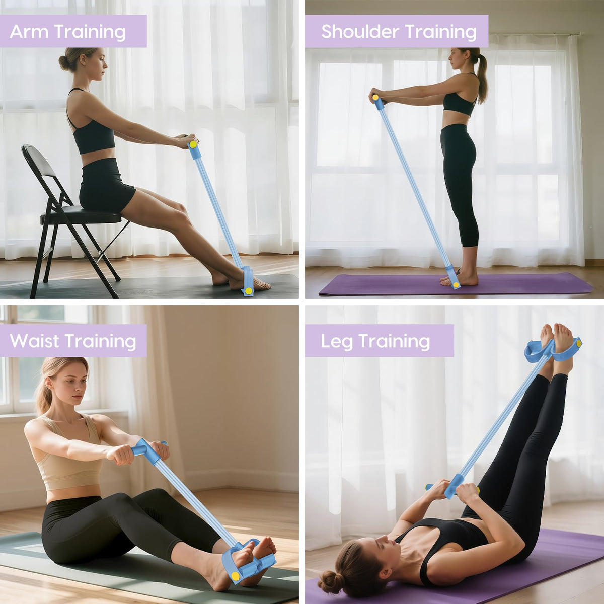 Pedal Resistance Bands with Handle, 6-Tubes Natural Rubber Exercise Band