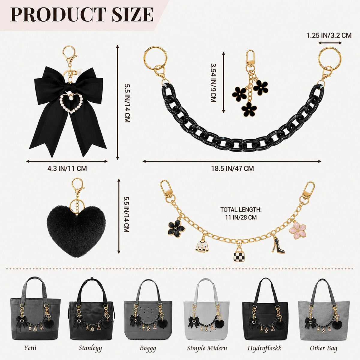 5Pcs Tote Bag Accessories Set for Women, Black Bag Charms Decorative