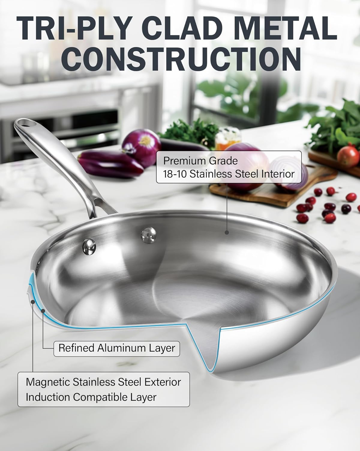 Cooks Standard Frying Pan Stainless Steel, 10-Inch Multi-Ply Clad wok Stir Fry Pan Kitchen Skillet, Silver