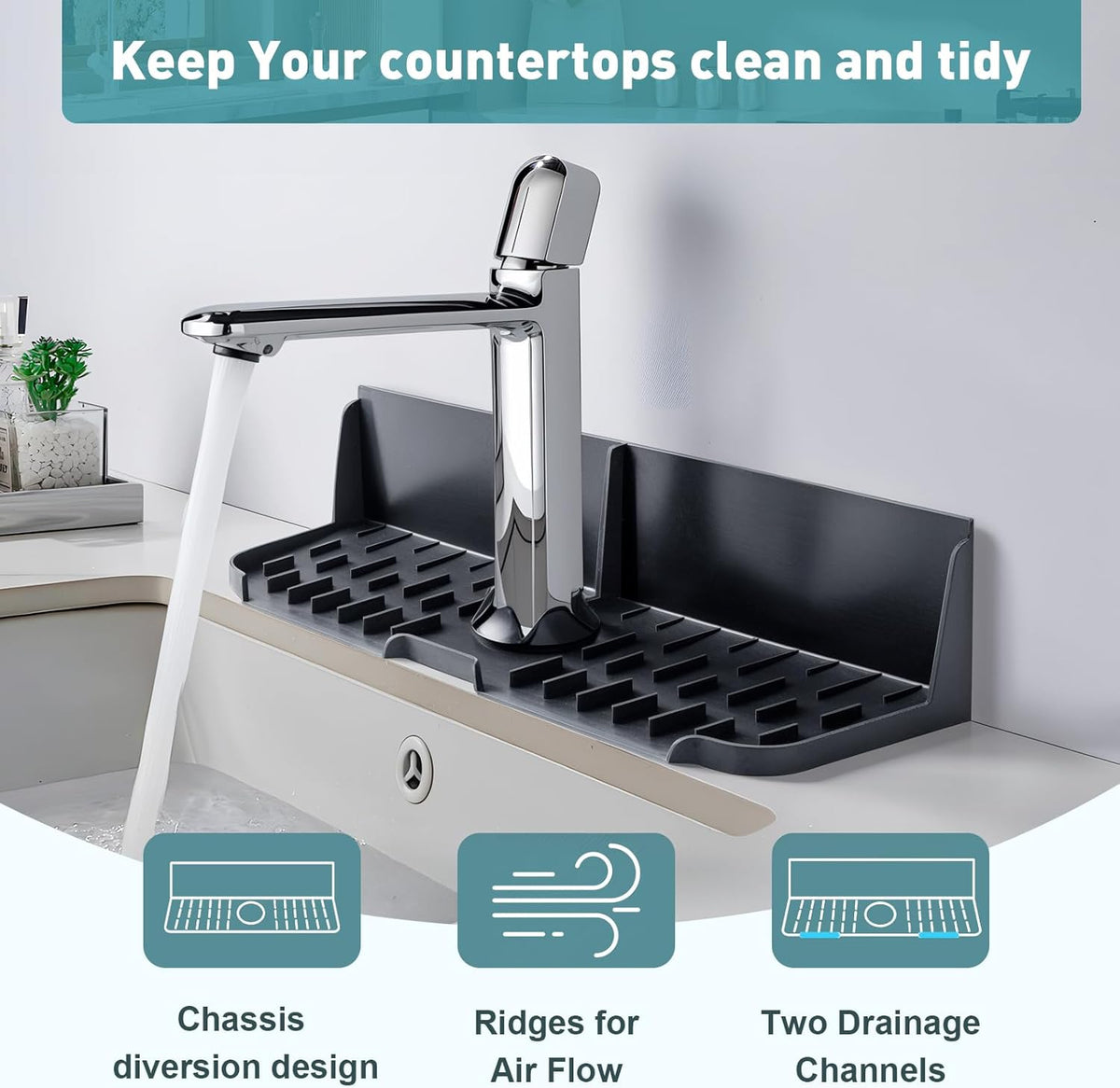 Silicone Kitchen Sink auto Drain Organizer, Kitchen countertop and Sink Splash Guard.Kitchen Sponge Rack and organizing Shelf，Suitable for Cleaning Tools, dispensers, Bottles, Cups (Gray)