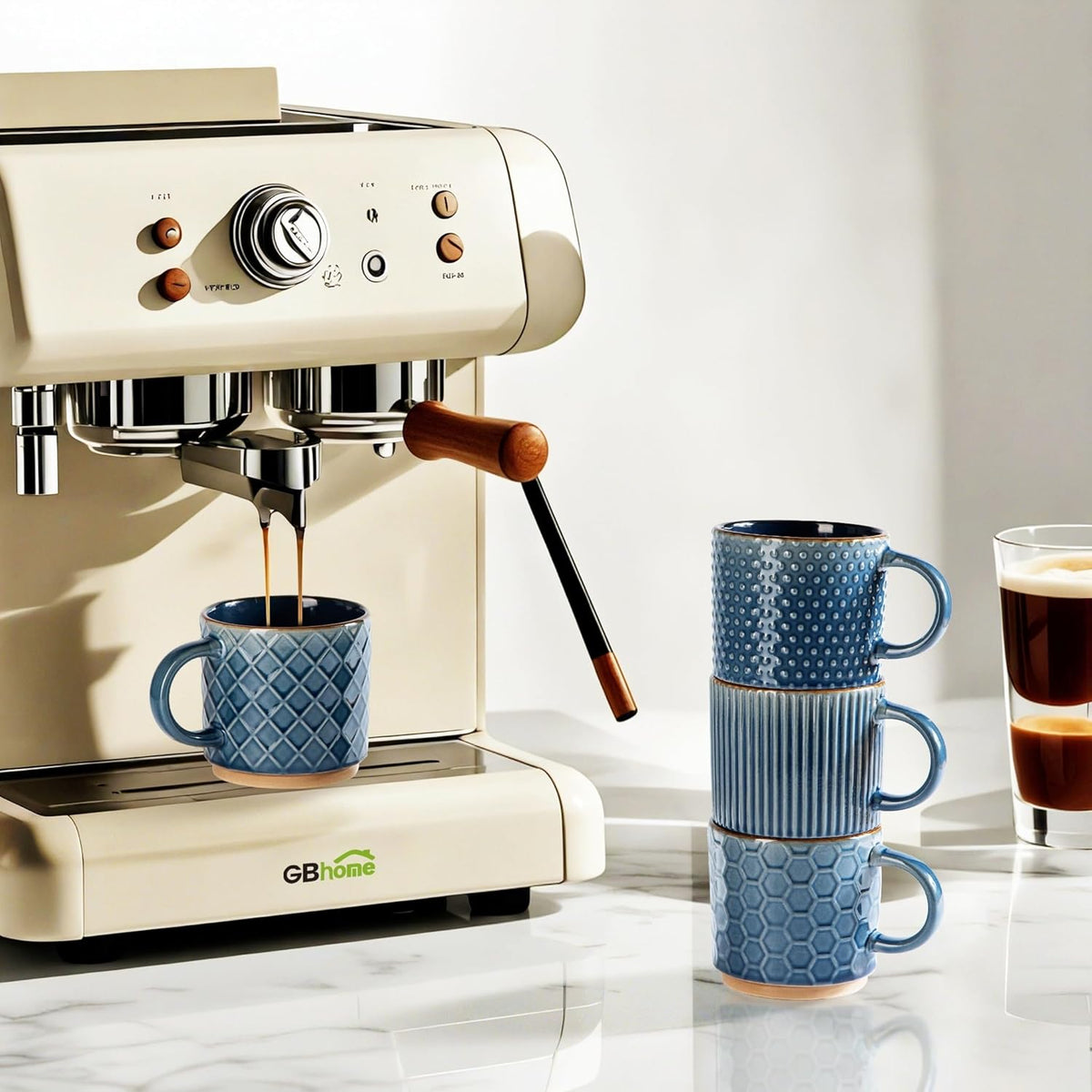 GBHOME 12OZ Stackable Coffee Mugs with Stand, Ceramic Coffee Mugs with Texture Patterns for Man,Woman,Dad,Mom, Modern Coffee Cups Set of 4 for Latte/Cappuccino/Cocoa. Dishwasher&Microwave Safe, Blue