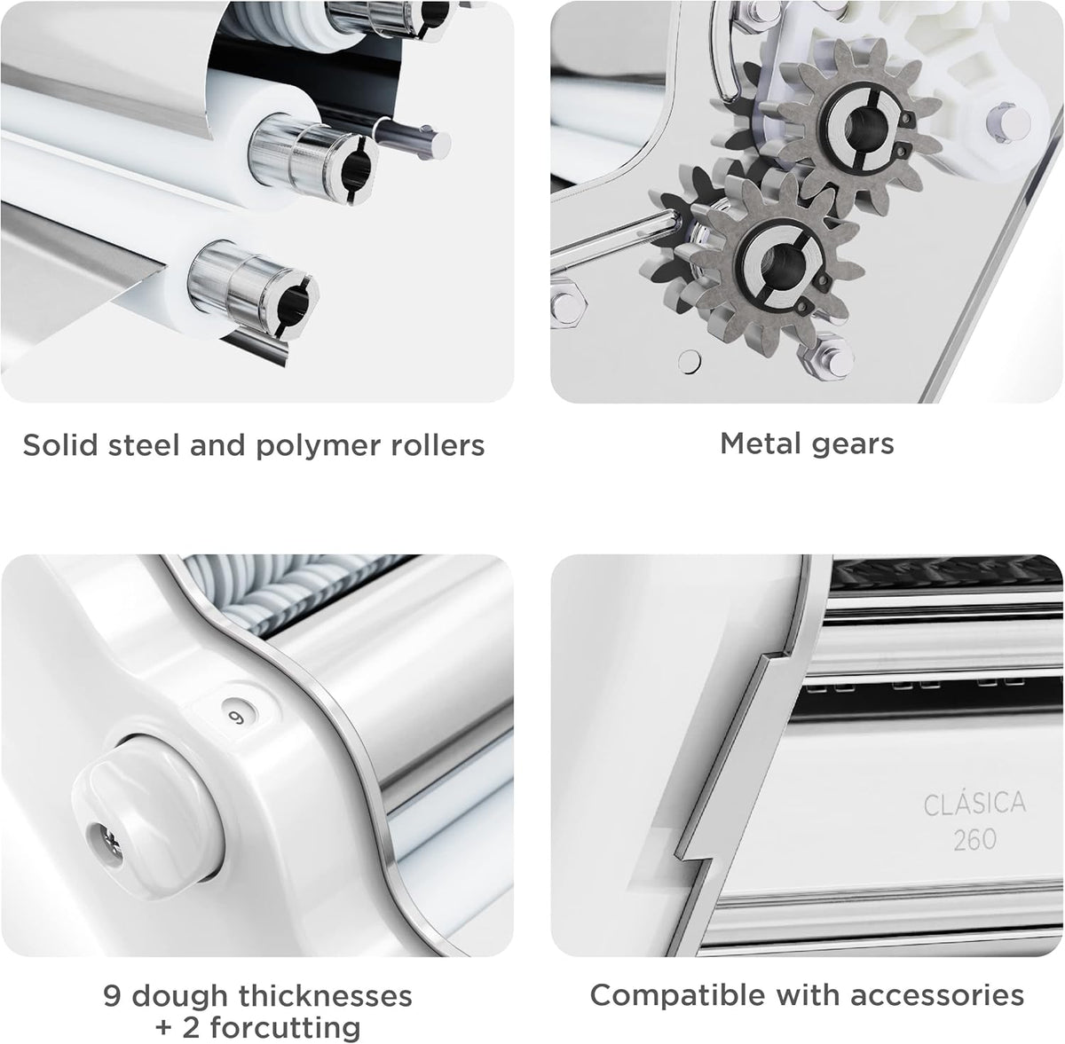 PASTALINDA Classic 260 Pasta Maker Machine, 26 cm Wide Rollers, 9 Thickness Positions, 2 Cutting Positions, Stainless Steel. Includes Reinforced Hand Crank And Two Clamps (White)