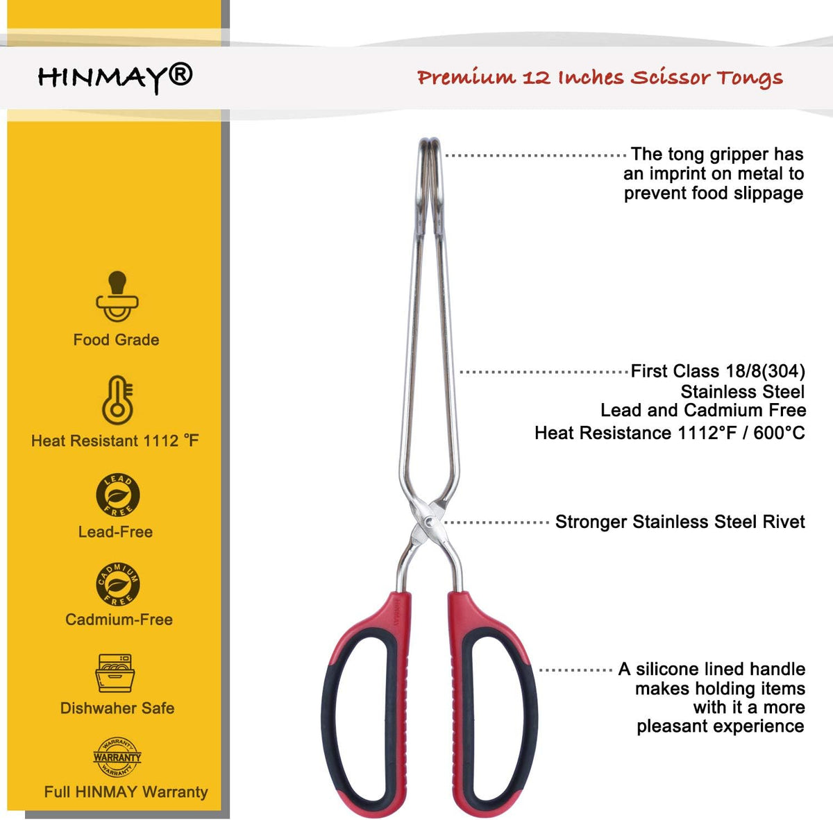 Stainless Steel Scissor Tongs with Comfort-Grip Handle 12-Inch, Set of 2