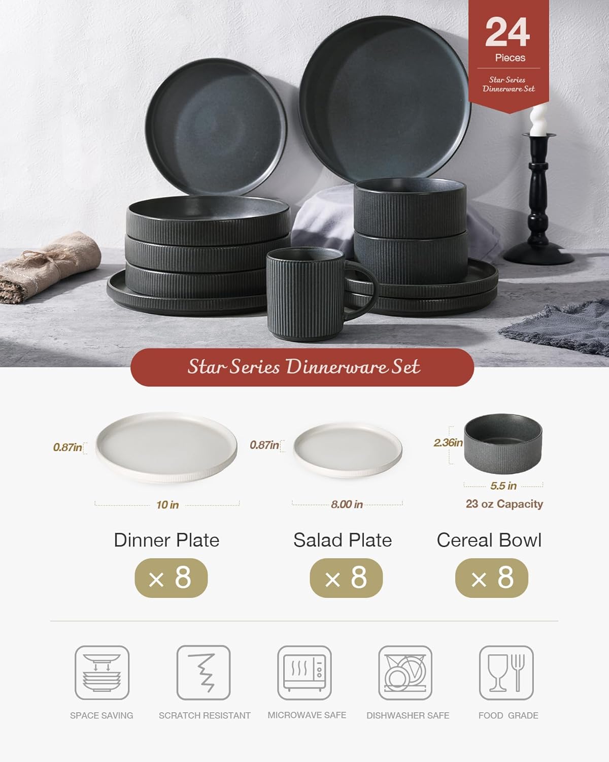Famiware Star Dinnerware Set, Plates and Bowls Sets for 8 (24pcs), Ribbed Stoneware Dishes - Chip & Scratch Resistant, Microwave & Dishwasher Safe, Multicolor - Matte White & Matte Dark Charcoal