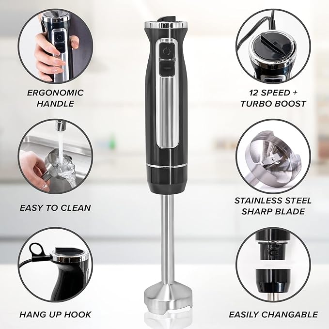 PowerLix Powerful Handheld Milk Frother With Stand Battery Operated Foam Maker Frother Wand For Coffee (A Black) (Hand Blender Set)