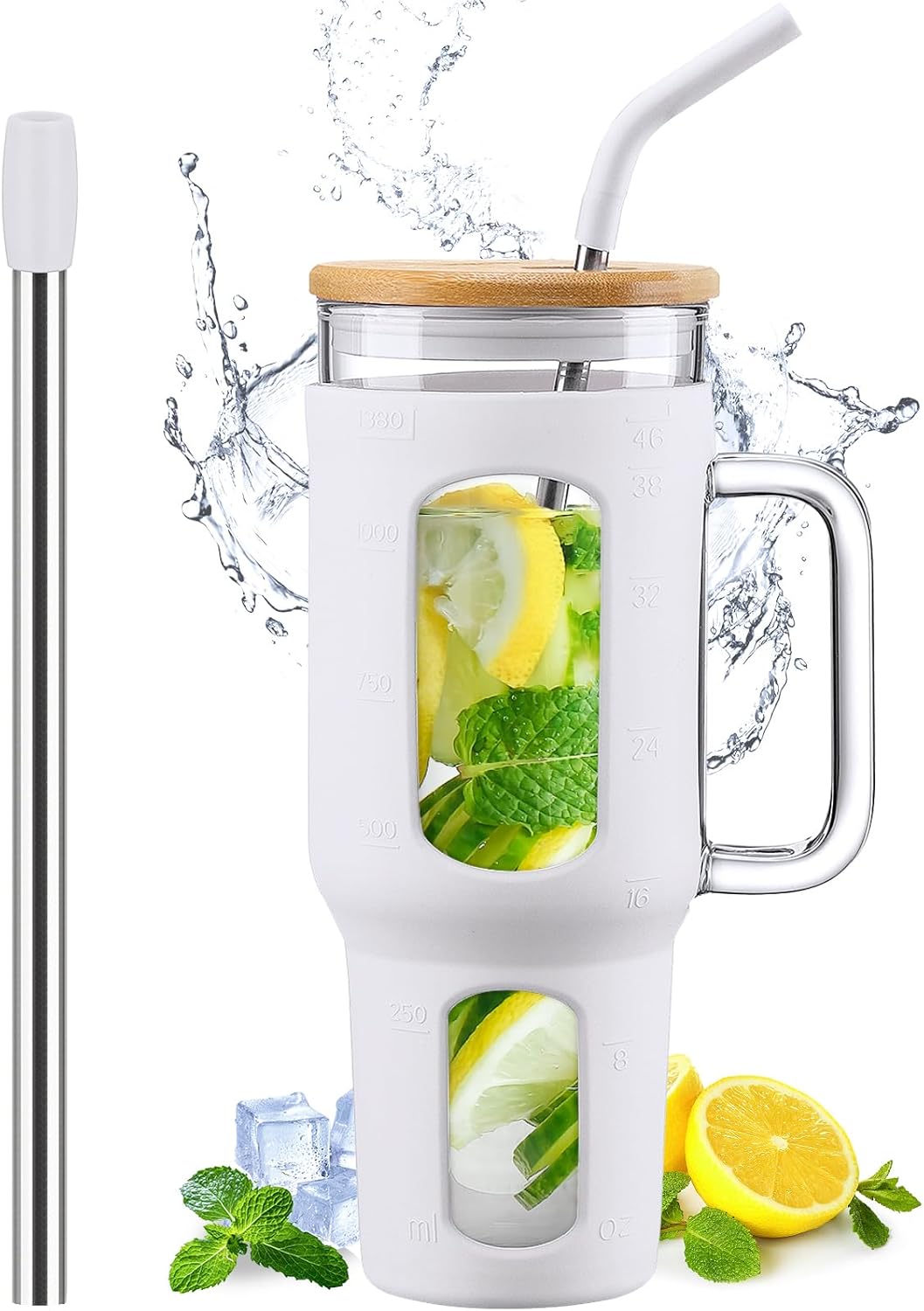 Glass Tumbler with Lid and Straw, 46 oz Iced Coffee Cup with Handle, Large Water Bottles with Silicone Sleeve, Glass Cup with Straws - Pearl Straw & Drinking Straw BPA Free-White