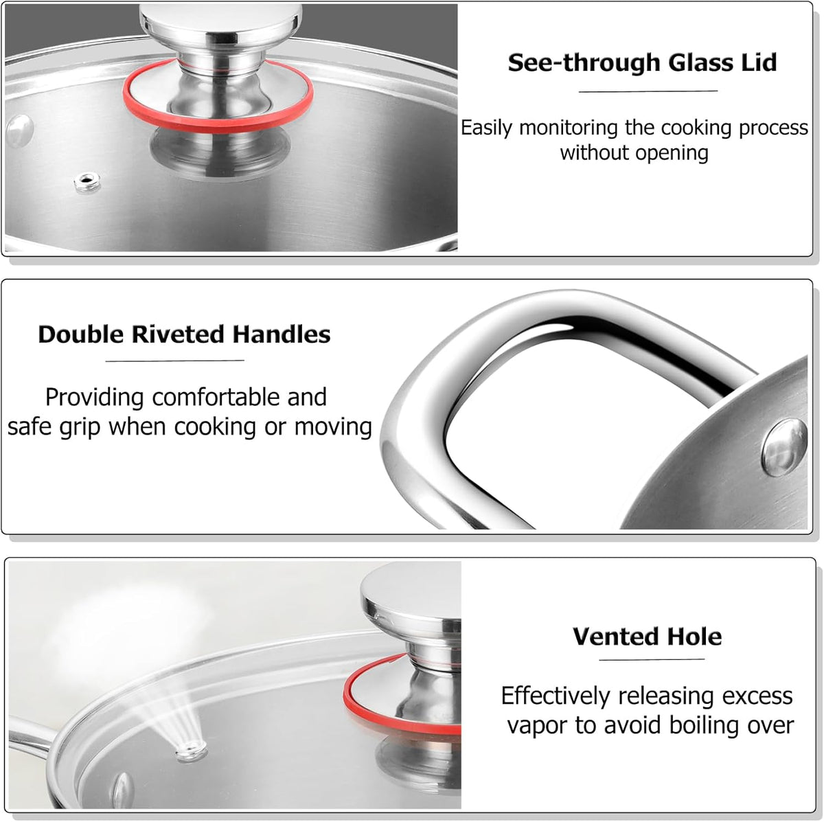 TeamFar 8 Quart Stock Pot, Stainless Steel Tri-ply Stockpot Pasta Cooking Pot with Glass Lid, for Induction Electric Gas Ceramic Stoves, Toxic Free & Heavy Duty, Double Handles & Dishwasher Safe