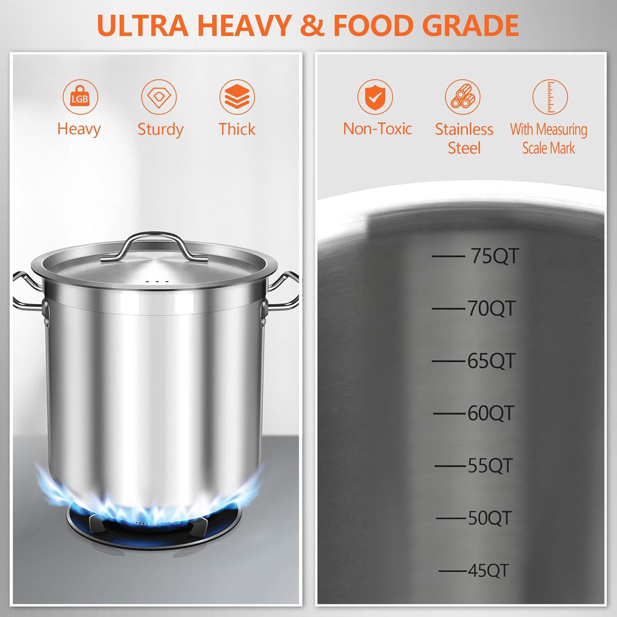 75 Quart Stainless Steel Stock Pot with Lid – Extra Large Commercial Cooking Pot for Soup, Stew, Seafood – Heavy Duty, Induction Ready – Perfect for Restaurants & Big Gatherings