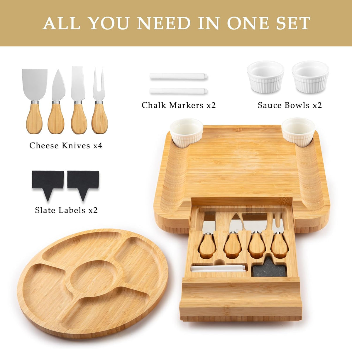 Zulay Kitchen Premium Bamboo Cheese Board Set - Extra Thick Bamboo Charcuterie Board Set with 4 Piece Knife Set - Wooden Cheese Board is Perfect for Charcuterie, Wine and Cheese (Party Set) - Icon