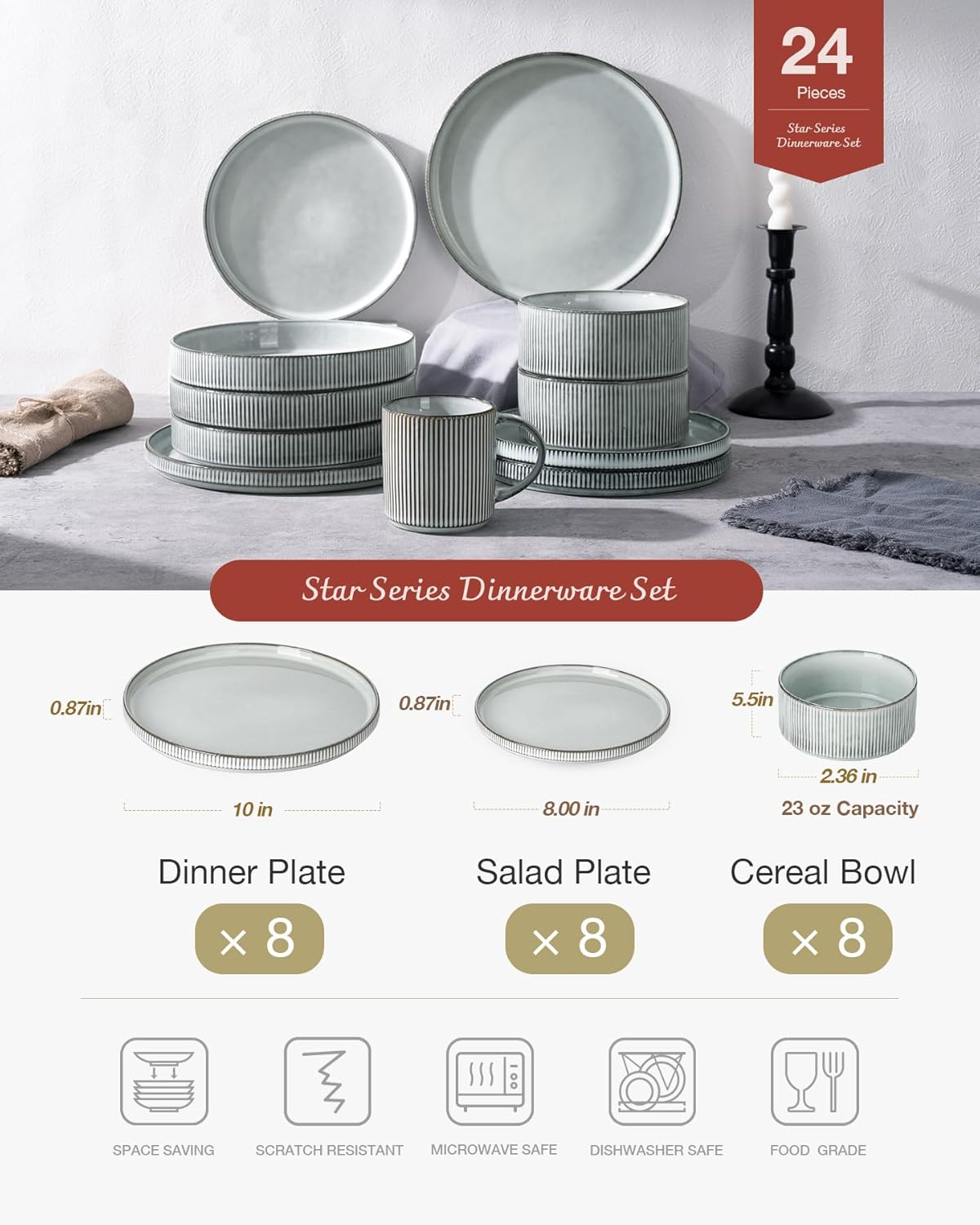 famiware Star Plates and Bowls Sets, Modern Stoneware Dinnerware Sets for 8, 24-Piece Kitchen Dish Set - Microwave and Dishwasher Safe, Chip and Scratch Resistant, Smoky Blue