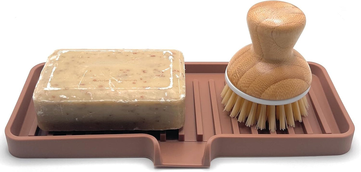 Happitasa Silicone Soap Dish Tray and Sponge Holder with Drain Chute | Bathroom and Kitchen Sink Organizer Caddy (Mocha, 9"x3.5", 5.6 Ounces)